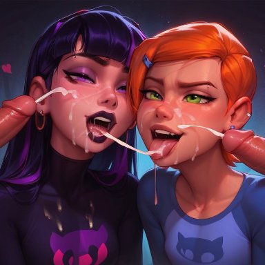 ben 10, the incredibles, the incredibles 2, gwen tennyson, violet parr, meat master, 2boys, 2girls, adolescent, blowjob, bukakke, cooperative fellatio, cum on face, cute, cute female