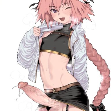 fate (series), fate/apocrypha, fate/grand order, astolfo (fate), kchwng1, 1boy, balls, belly, belly button, braided hair, cock, crop top, cum, eyebrows, eyebrows visible through hair