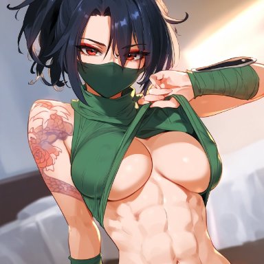 league of legends, riot games, akali, 1female, 1girls, 1woman, breasts, facemask, female, flashing, flashing at viewer, flashing breasts, mask, midriff, nipples visible through clothing