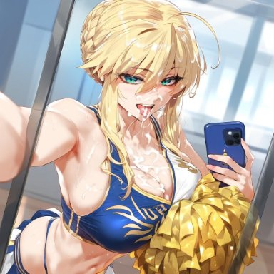 fate (series), fate/grand order, artoria pendragon, artoria pendragon (lancer), cheerleader, cum in mouth, selfie, ai generated