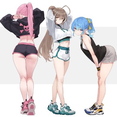 hololive, hololive english, hoshimachi suisei, mori calliope, nanashi mumei, bluefield, 3girls, alternate costume, armpit crease, arms behind head, ass, back, bare legs, black camisole, black sports bra