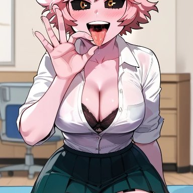 boku no hero academia, my hero academia, shounen jump, mina ashido, quillai, bare legs, big breasts, black eyes, fellatio gesture, horn, horns, huge breasts, huge thighs, looking at viewer, massive breasts