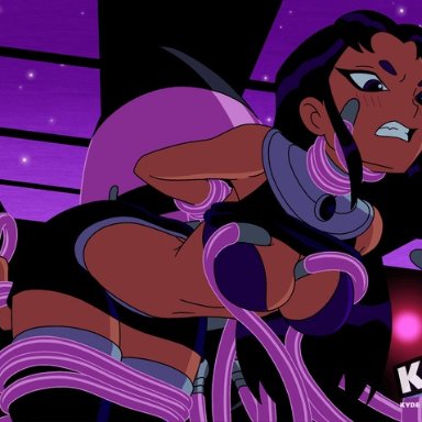 dc comics, teen titans, blackfire, tamaranean, kyde, +dc, 1girls, angry face, arms behind back, black hair, black legwear, blush, boobjob, breast grab, clenched teeth