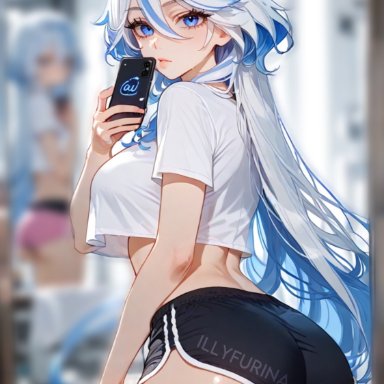 genshin impact, furina (genshin impact), illyfurina, 1girl, ass, ass focus, bangs, bangs over eyes, big ass, big butt, blue eyes, blue hair, female, female focus, female only