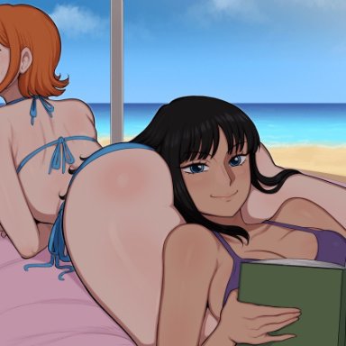 one piece, nami, nami (one piece), nico robin, afrobull, 2girls, ass, ass bigger than head, beach, bikini, black hair, breasts, female, female only, laying down