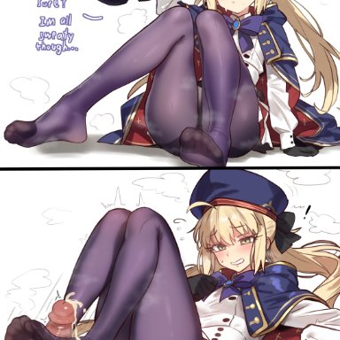 atomic heart, fate (series), fate/grand order, artoria pendragon (caster), ebora, youngmanisdown, 1boy, 1girls, blonde hair, breasts, cum, ejaculation, feet, female, foot fetish