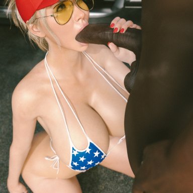 regina (karfex), karfex, 1boy, 1girls, american flag bikini, bimbo, blonde hair, breasts, breasts bigger than head, cuckold, cuckold pov, dark skin, dark-skinned male, huge breasts, huge cock