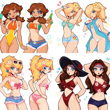 mario (series), nintendo, super mario galaxy, pauline, pauline (mario), princess daisy, princess peach, princess rosalina, fizzeru, ^^^, 4girls, accessory, alternate costume, alternate hairstyle, armpits