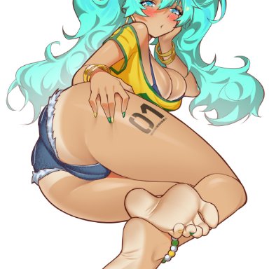 vocaloid, brazilian miku, hatsune miku, kichiroharu, brazil, brazilian, brazilian female, busty, female, female focus, female only, hourglass figure, pinup pose, tan, tan body