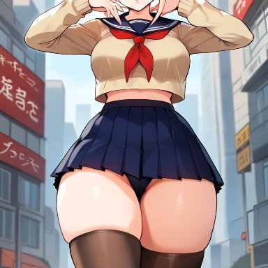 boku no hero academia, my hero academia, shounen jump, himiko toga, quillai, bare legs, big breasts, blonde hair, hair bun, huge breasts, huge thighs, large breasts, light skin, light-skinned female, looking at viewer