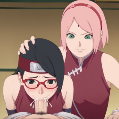 boruto: naruto next generations, mugen, naruto, sakura haruno, sarada uchiha, 1boy, 2girls, assisted fellatio, black hair, blush, breasts, cum, cum in mouth, cum on body, cum on breasts