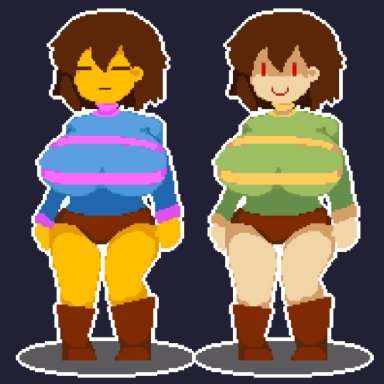 undertale, chara, chara (undertale), frisk, frisk (undertale), big breasts, boots, brown hair, red eyes, short shorts, similar looking, small waist, sweater, turtleneck sweater, pixel art