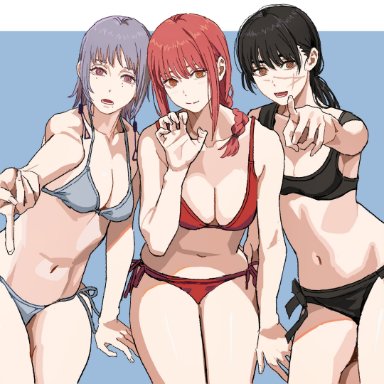 chainsaw man, fami (chainsaw man), makima (chainsaw man), mitaka asa, yoru (chainsaw man), shiren, 3girls, big breasts, bikini, black hair, blush, breasts, female, female focus, female only