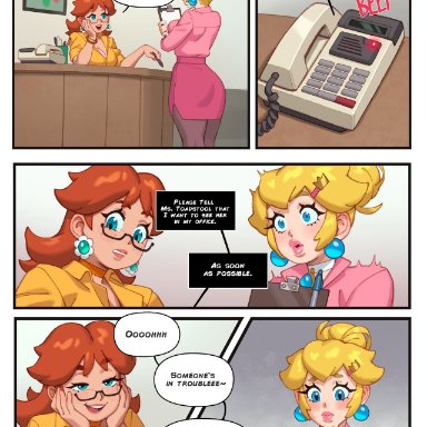 mario (series), nintendo, princess daisy, princess peach, rizdraws, 2girls, alternate costume, ass, back view, blonde hair, blue eyes, blush, blushing, breasts, cleavage