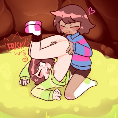 undertale, chara, frisk, frisk (undertale), drawz artz, 2girls, aroused, charisk, female only, licking, on back, pants down, rimming, socks, thighhighs