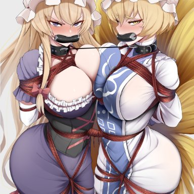 touhou, ran yakumo, yukari yakumo, bagelbomb, 2girls, angry, angry expression, angry face, animal ears, animal tail, arms behind back, arms bound, arms tied, arms tied behind back, ass