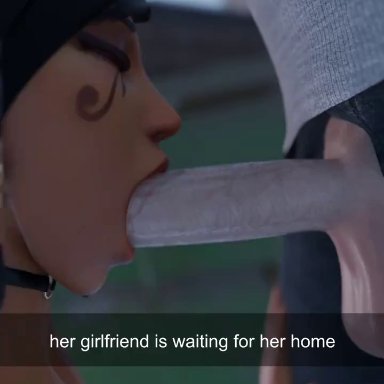 overwatch, overwatch 2, pharah, bloosayshello, 1boy, 1girls, athletic female, blowjob, cheating, cheating girlfriend, cuckquean, dark skin, dark-skinned female, fellatio, female