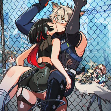 zenless zone zero, jane doe (zenless zone zero), seth lowell, snegovski, animal ears, assertive female, chainlink fence, femdom, gentle femdom, kissing, male/female, malesub, small dom big sub, wholesome, tagme