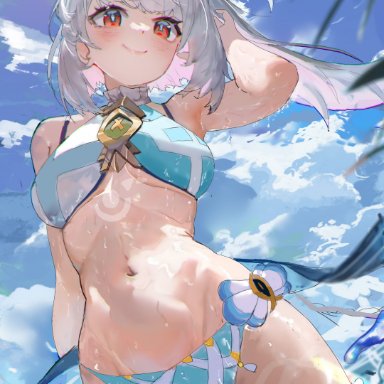 genshin impact, mualani (genshin impact), artist request, 1girls, belly button, blue swimsuit, clouds, day, female, female focus, female only, front view, high heels, light skin, light-skinned female