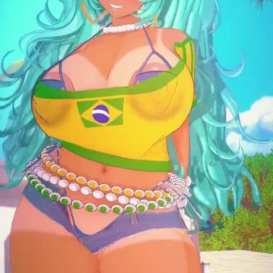 vocaloid, brazilian miku, hatsune miku, deluxe rosie, 1girls, areola slip, areolae, ass, beach, bead necklace, beads, big areola, big ass, big nipples, bikini