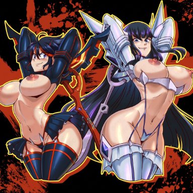 kill la kill, junketsu, kiryuuin satsuki, matoi ryuuko, senketsu, ogi sifer, 2girls, ass, black hair, blue eyes, female only, huge ass, huge breasts, large breasts, nipples