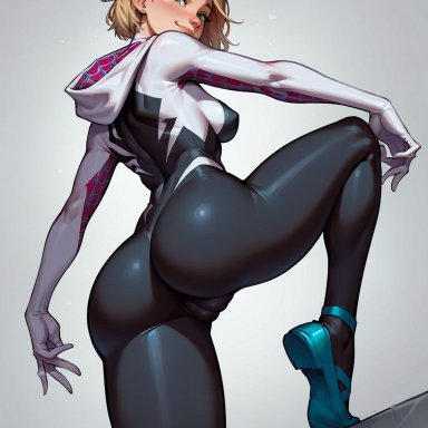 marvel, marvel comics, spider-man (series), gwen stacy, spider-gwen, xsfmworks, animal print, animification, ass, ballet slippers, black bodysuit, blonde hair, blue eyes, blue footwear, blush