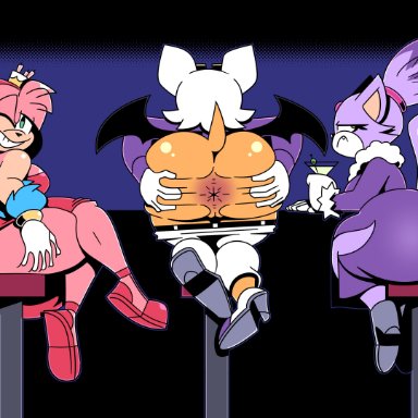 sonic (series), sonic the hedgehog (series), amy rose, blaze the cat, rouge the bat, ineptoutcast, 3girls, anthro, anus, ass, ass in dress, bat, big ass, bubble butt, chiropteran