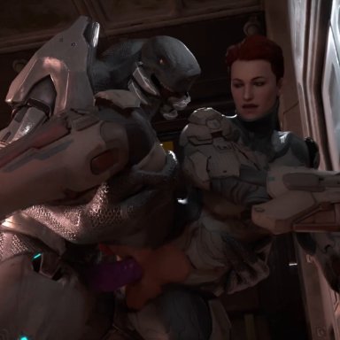 halo (series), microsoft, xbox game studios, female spartan (halo), linda-058, sangheili, spartan (halo), chloeangelva, lazzarrova, sinthetic, 4 fingers, against surface, against wall, alien, armor