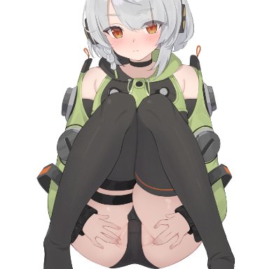 zenless zone zero, anby demara, bitseon, bare shoulders, barefoot, black choker, black headphones, black panties, black thighhighs, blush, choker, feet, female, green jacket, jacket