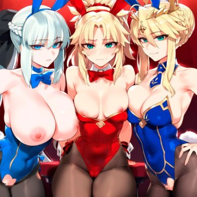 fate (series), fate/grand order, artoria pendragon, mordred (fate), morgan le fay (fate), depressu, 3girls, animal ears, bangs, bare shoulders, black legwear, black leotard, blonde hair, blue bow, blue legwear