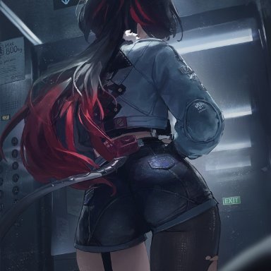 zenless zone zero, jane doe (zenless zone zero), ass, ass focus, big ass, big butt, black, booty shorts, elevator, hair, hands on hips, kemonomimi, pantyhose, rat, rat girl