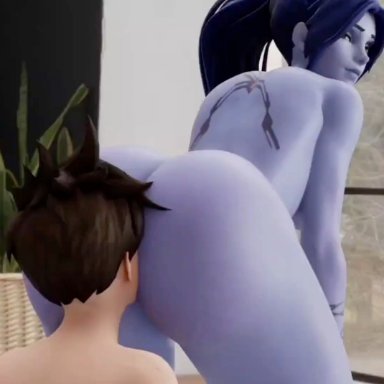 blizzard entertainment, overwatch, tracer, widowmaker, cpt-flapjack, lieutenant flapjack, 2girls, ass, ass focus, bathroom, big ass, big butt, black hair, brown hair, butt