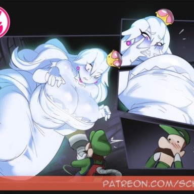 luigi's mansion, mario (series), nintendo, boo (mario), boosette, luigi, schpicy, 1boy, 1girls, areola slip, big breasts, breasts out, chubby, chubby belly, chubby female