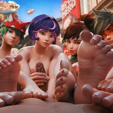 blizzard entertainment, overwatch, overwatch 2, d.va, juno (overwatch), kiriko (overwatch), tracer, zoe3dx, 1boy, 4girls, asian, asian female, brown eyes, brown hair, cum