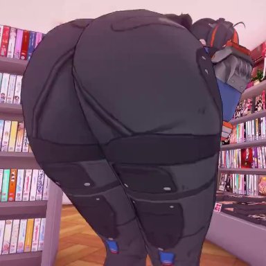 zenless zone zero, zhu yuan, wily27, 1girl, ass, ass clapping, ass focus, black hair, books, bookshelf, bottom heavy, bubble butt, clapping cheeks, dat ass, dumptruck ass