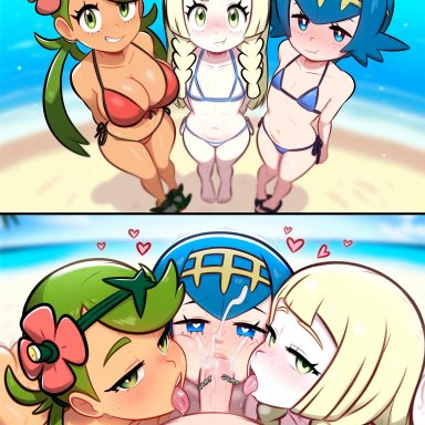 pokemon, pokemon sm, lana (pokemon), lillie (pokemon), mallow (pokemon), pokemon trainer, fluffylewdsai, beach, bikini, blue eyes, cum, cum in mouth, flip flops, green eyes, hair ornament