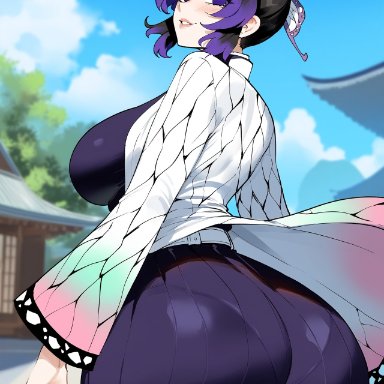 demon slayer, kimetsu no yaiba, kochou shinobu, creamy ai, ass, ass focus, big ass, big butt, black hair, bubble ass, bubble butt, curvy, dat ass, demon slayer uniform, fat ass