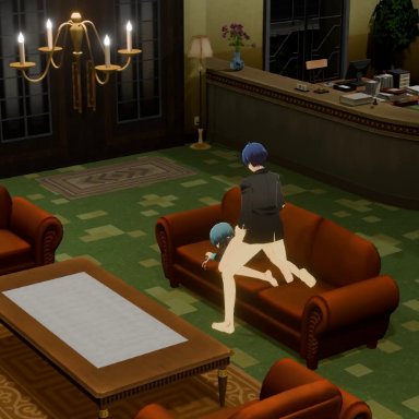 persona, persona 3, fuuka yamagishi, makoto yuki, yamagishi fuuka, princeluca, 1boy, blue hair, bottomless, bottomless female, clothed sex, cum, cum on clothes, cum on hair, ejaculation