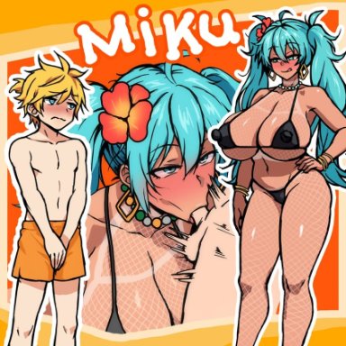 vocaloid, brazilian miku, hatsune miku, kagamine len, 1500sumire, 1boy, 1boy1girl, 1girls, age difference, bikini, black bikini, blonde hair, blue eyes, blush, bracelet