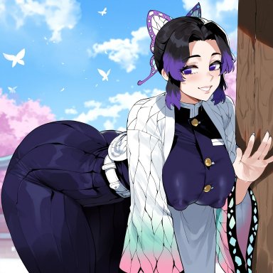 demon slayer, kimetsu no yaiba, kochou shinobu, creamy ai, ass, bent over, black hair, covered nipples, curvy, demon slayer uniform, huge ass, large breasts, multicolored hair, purple eyes, purple hair