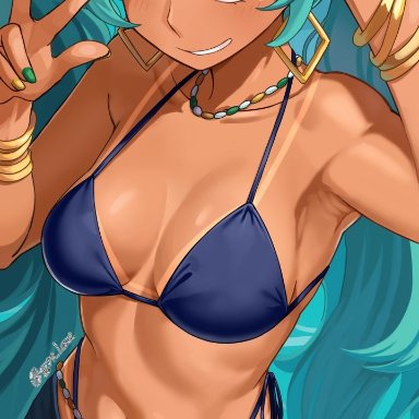 vocaloid, brazilian miku, hatsune miku, laz gm, 1girls, aqua eyes, aqua hair, bare shoulders, bikini, bikini under clothes, blue bikini, bracelet, brazil, brazilian, brazilian female