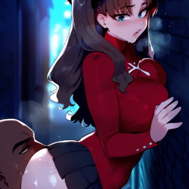 fate (series), fate/stay night, tohsaka rin, sinderellaart, thiccwithaq (ai style), 1boy1girl, ass, ass bigger than head, big breasts, big butt, busty, cunnilingus, dark-skinned male, female, huge ass