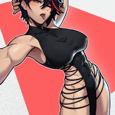 kill la kill, matoi ryuuko, stopu, abs, black hair, blue eyes, blush, breasts, covered erect nipples, female, large breasts, looking at viewer, multicolored hair, muscular, muscular female