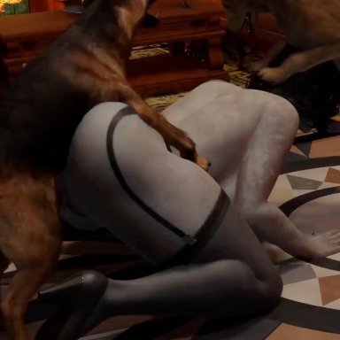 capcom, resident evil, resident evil 8: village, alcina dimitrescu, vicesfm, wonderice, 1girl, 2boys, animal genitalia, blowjob, canine, dark hair, deepthroat, dog, doggy style