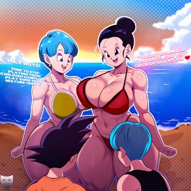 dragon ball, dragon ball super, dragon ball z, bulma briefs, chichi, son goten, trunks briefs, 18zart, 2boys, 2girls, adult and teenager, age difference, ass, beach, before sex