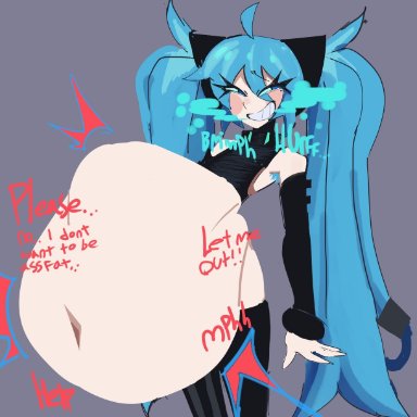 vocaloid, hatsune miku, decaiien, 1girls, ambiguous prey, armpit, armpit hair, armpits, begging, belly, blue hair, burping, female armpit hair, female pred, hairy armpits