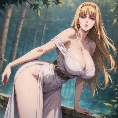 attack on titan, shingeki no kyojin, ymir (shingeki no kyojin), alex-schura, 1girls, bangs, bare shoulders, blonde hair, blue eyes, blurry, blush, breasts, clavicle, cleavage, clothing