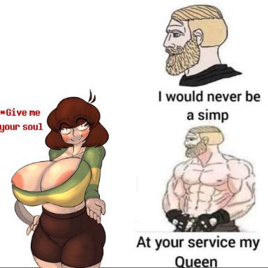 undertale, undertale (series), chad (meme), chara, darky, darkynsfw, 1boy, 1girls, 5 fingers, areolae, beard, big breasts, blonde hair, blue eyes, brown hair