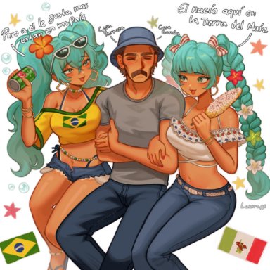 el chavo (series), el chavo del ocho, vocaloid, brazilian miku, don ramon, hatsune miku, mexican miku, artist request, 1boy, 2girls, aqua eyes, aqua hair, arm grab, blush, brazil