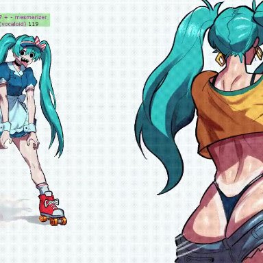 mesmerizer (vocaloid), vocaloid, brazilian miku, hatsune miku, mesmerizer miku, geulimykun (skbyunea413), 2girls, ass, big ass, big breasts, big butt, big thighs, blue hair, brazil, brazilian